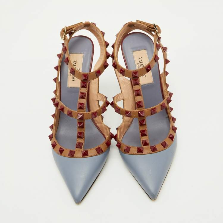 Pre Owned Valentino Blue/Brown Leather Rockstud Caged Ankle Strap Pumps Size 36