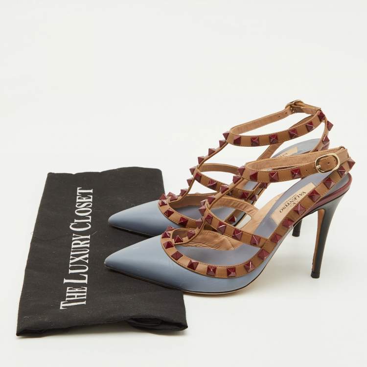 Pre Owned Valentino Blue/Brown Leather Rockstud Caged Ankle Strap Pumps Size 36