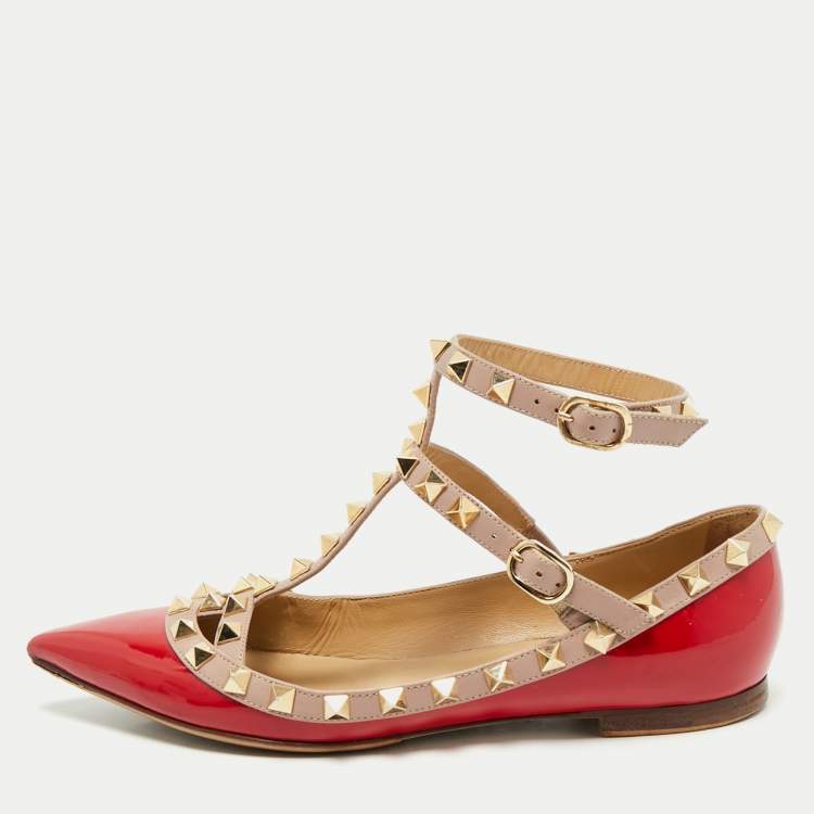 Pre Owned Valentino Red/Beige Patent Leather Rockstud Cage Ballet Flats Size 35.5