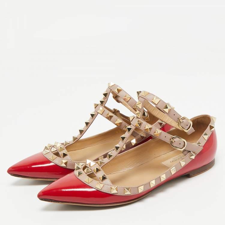 Pre Owned Valentino Red/Beige Patent Leather Rockstud Cage Ballet Flats Size 35.5