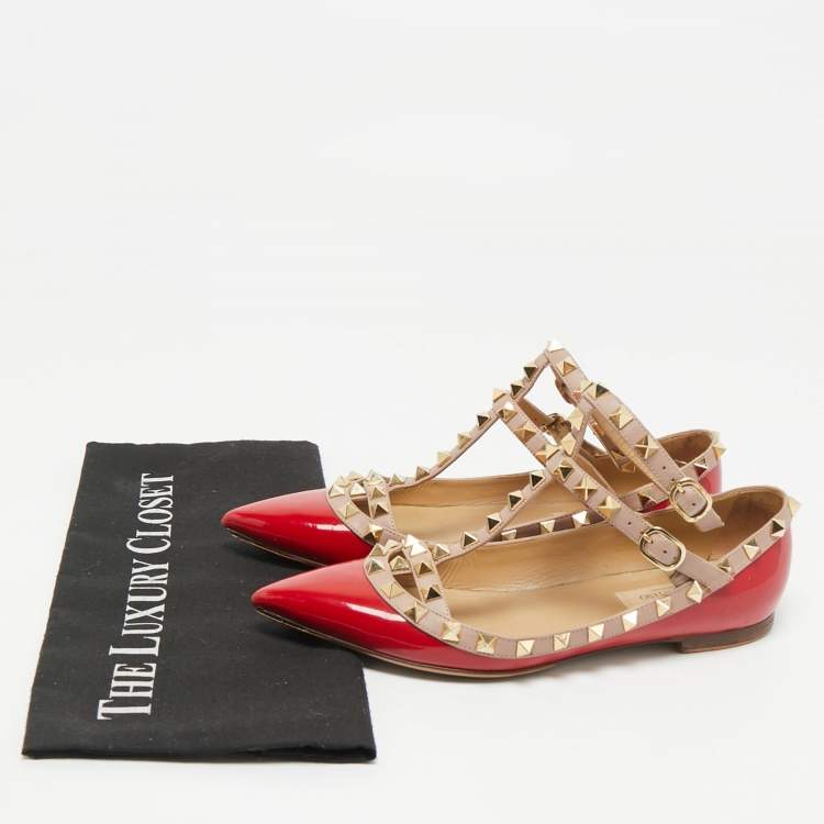 Pre Owned Valentino Red/Beige Patent Leather Rockstud Cage Ballet Flats Size 35.5