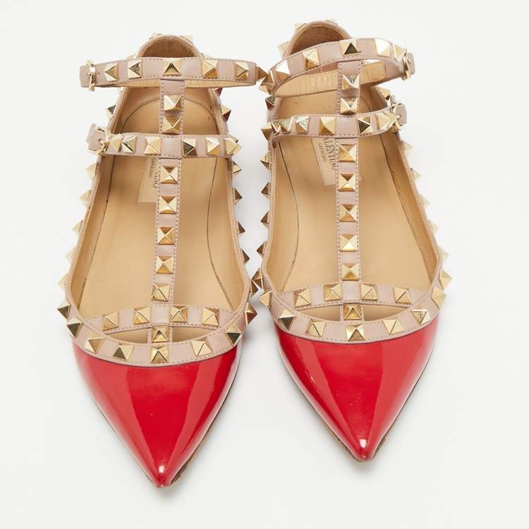 Pre Owned Valentino Red/Beige Patent Leather Rockstud Cage Ballet Flats Size 35.5