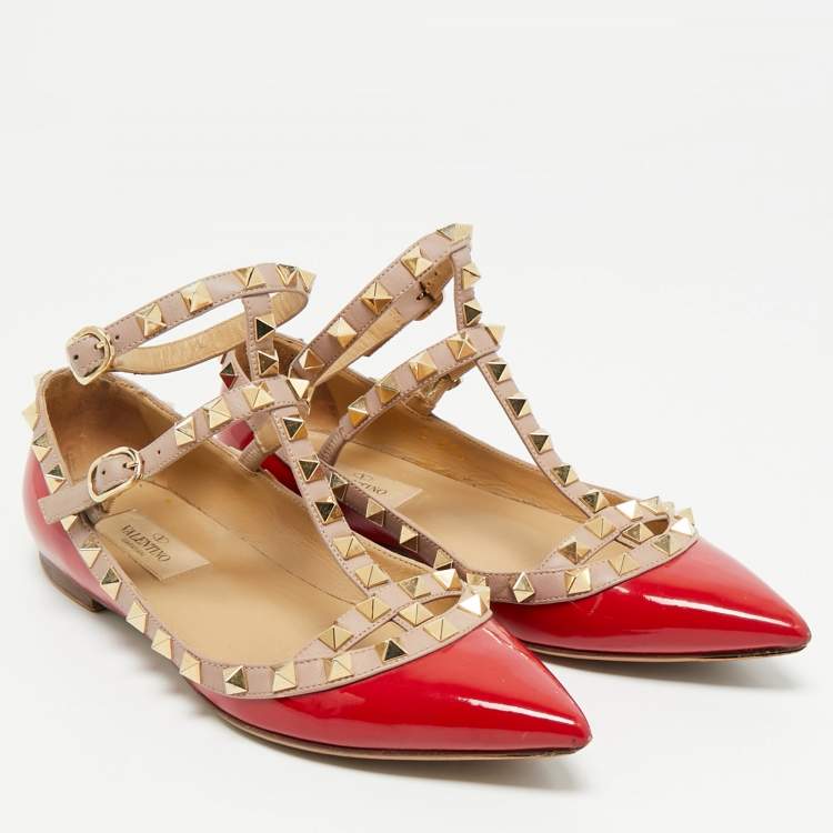Pre Owned Valentino Red/Beige Patent Leather Rockstud Cage Ballet Flats Size 35.5