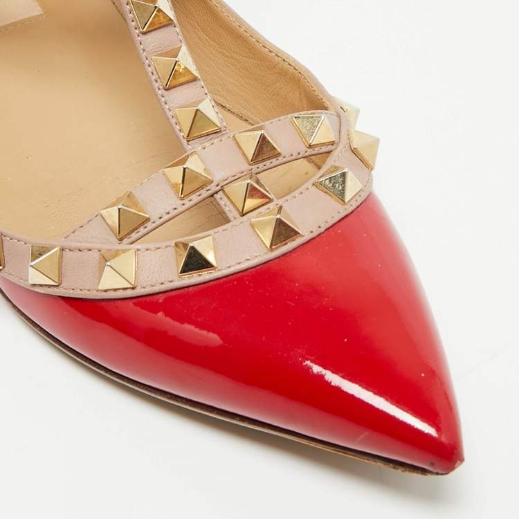 Pre Owned Valentino Red/Beige Patent Leather Rockstud Cage Ballet Flats Size 35.5