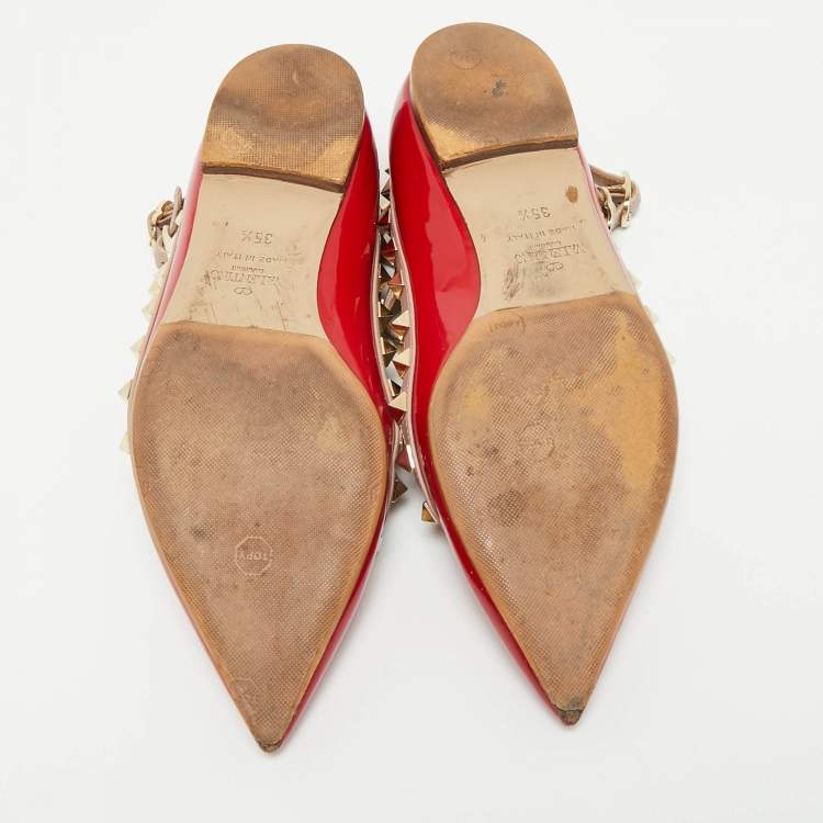 Pre Owned Valentino Red/Beige Patent Leather Rockstud Cage Ballet Flats Size 35.5