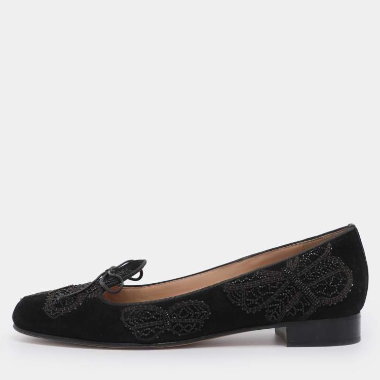 Pre Owned Valentino Black Suede Butterfly Embroidered Ballet Flats Size 41