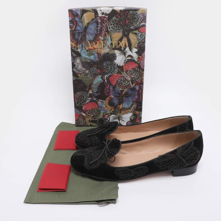 Pre Owned Valentino Black Suede Butterfly Embroidered Ballet Flats Size 41
