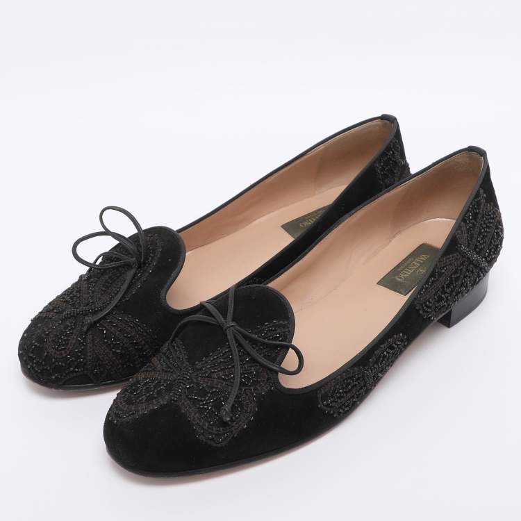 Pre Owned Valentino Black Suede Butterfly Embroidered Ballet Flats Size 41