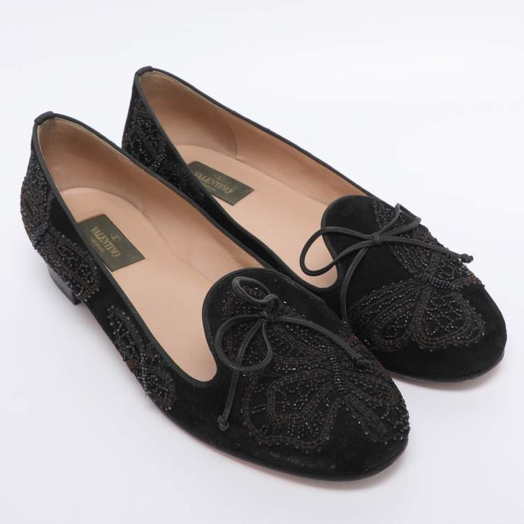 Pre Owned Valentino Black Suede Butterfly Embroidered Ballet Flats Size 41
