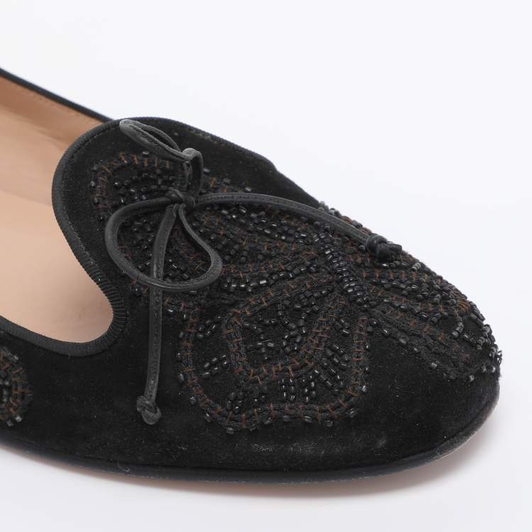 Pre Owned Valentino Black Suede Butterfly Embroidered Ballet Flats Size 41