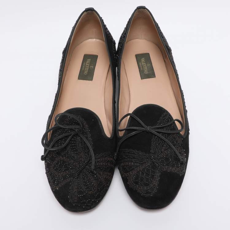Pre Owned Valentino Black Suede Butterfly Embroidered Ballet Flats Size 41