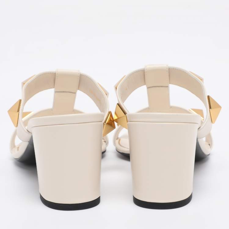 Pre Owned Valentino Cream Leather Roman Stud Block Heel Slides Sandals Size 41