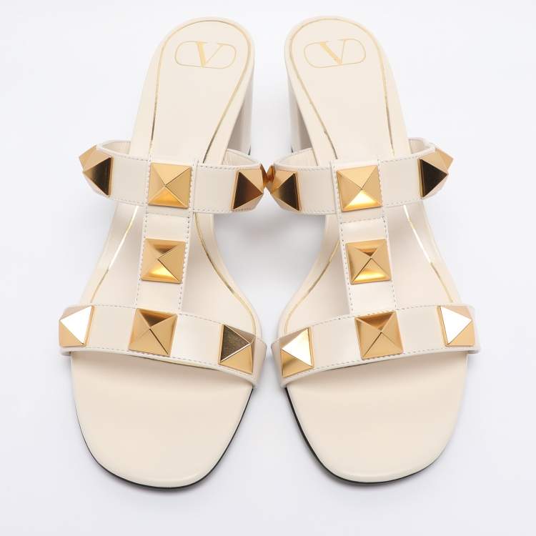 Pre Owned Valentino Cream Leather Roman Stud Block Heel Slides Sandals Size 41