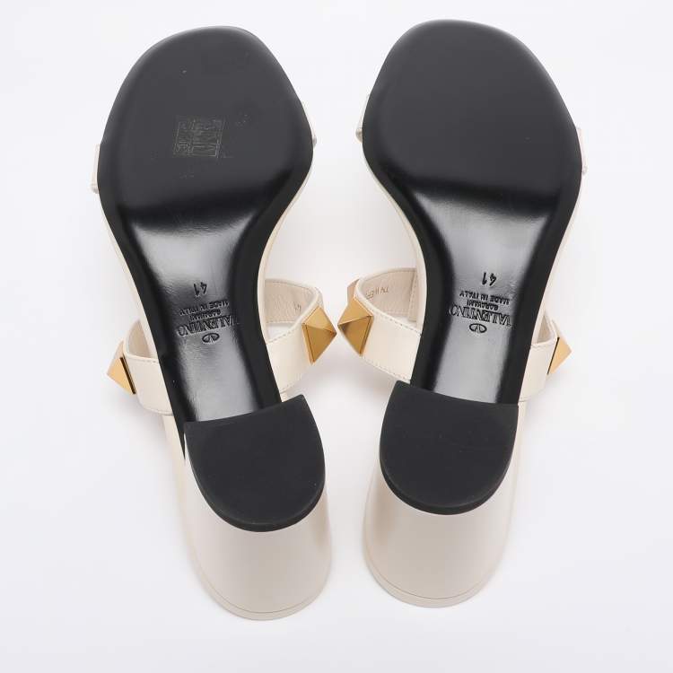 Pre Owned Valentino Cream Leather Roman Stud Block Heel Slides Sandals Size 41