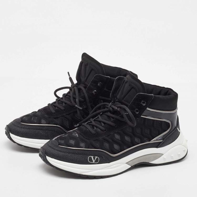 Pre Owned Valentino Black Mesh, Suede and Leather Mid Top Sneakers Size 38