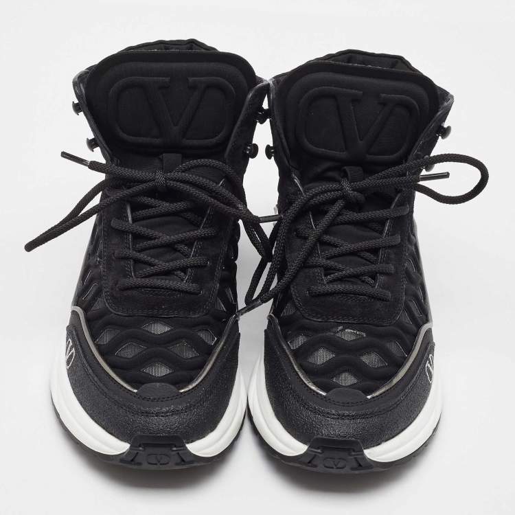 Pre Owned Valentino Black Mesh, Suede and Leather Mid Top Sneakers Size 38