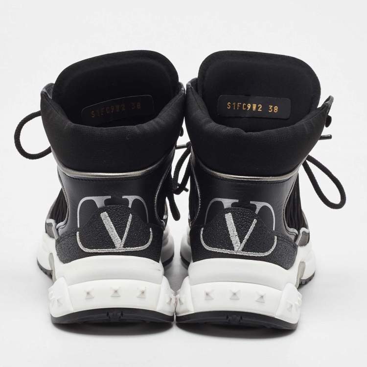 Pre Owned Valentino Black Mesh, Suede and Leather Mid Top Sneakers Size 38