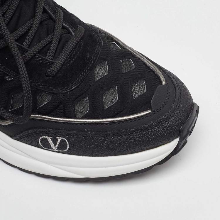 Pre Owned Valentino Black Mesh, Suede and Leather Mid Top Sneakers Size 38