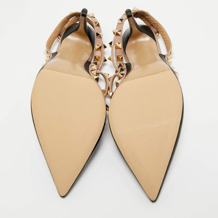 Pre Owned Valentino Black/Beige Leather Rockstud Caged Pumps Size 38