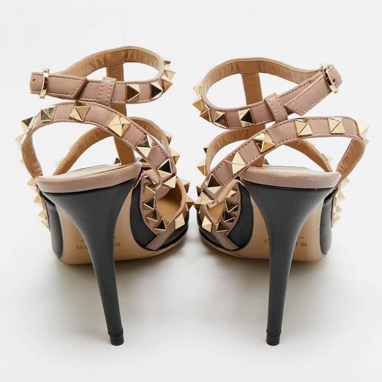 Pre Owned Valentino Black/Beige Leather Rockstud Caged Pumps Size 38