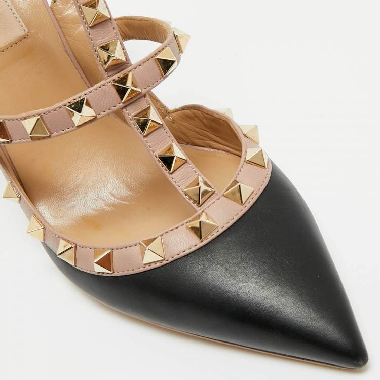 Pre Owned Valentino Black/Beige Leather Rockstud Caged Pumps Size 38