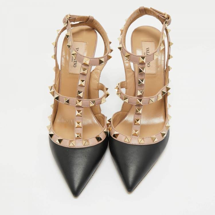 Pre Owned Valentino Black/Beige Leather Rockstud Caged Pumps Size 38