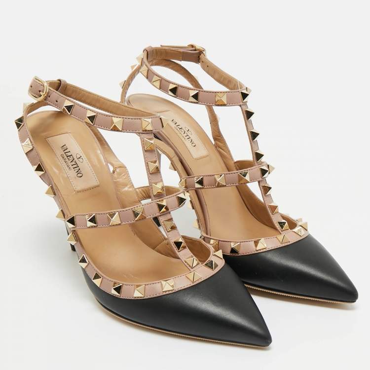 Pre Owned Valentino Black/Beige Leather Rockstud Caged Pumps Size 38