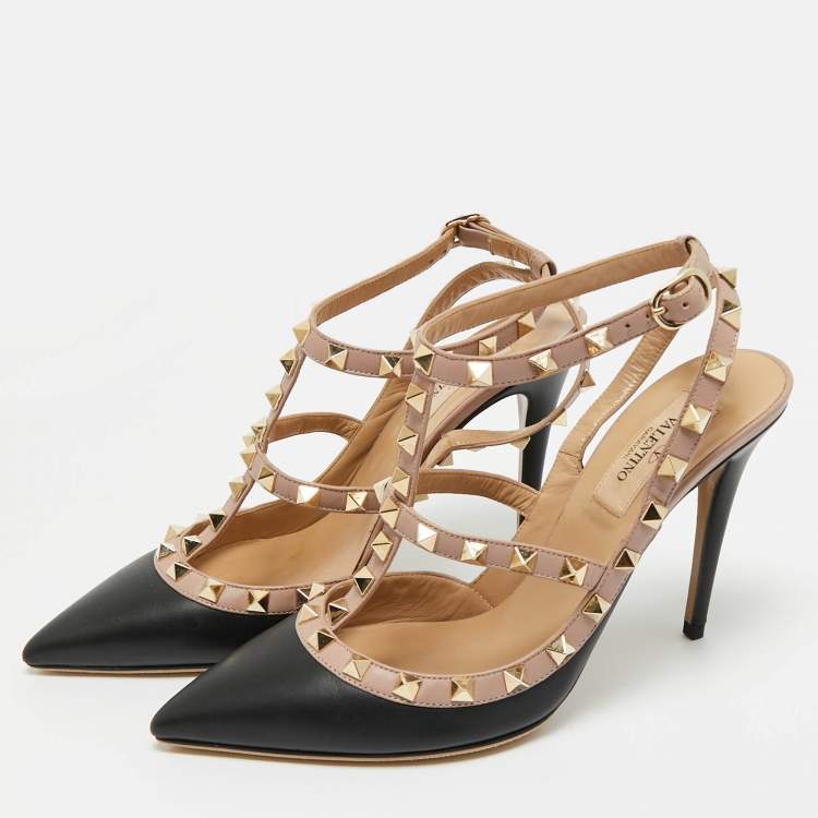 Pre Owned Valentino Black/Beige Leather Rockstud Caged Pumps Size 38