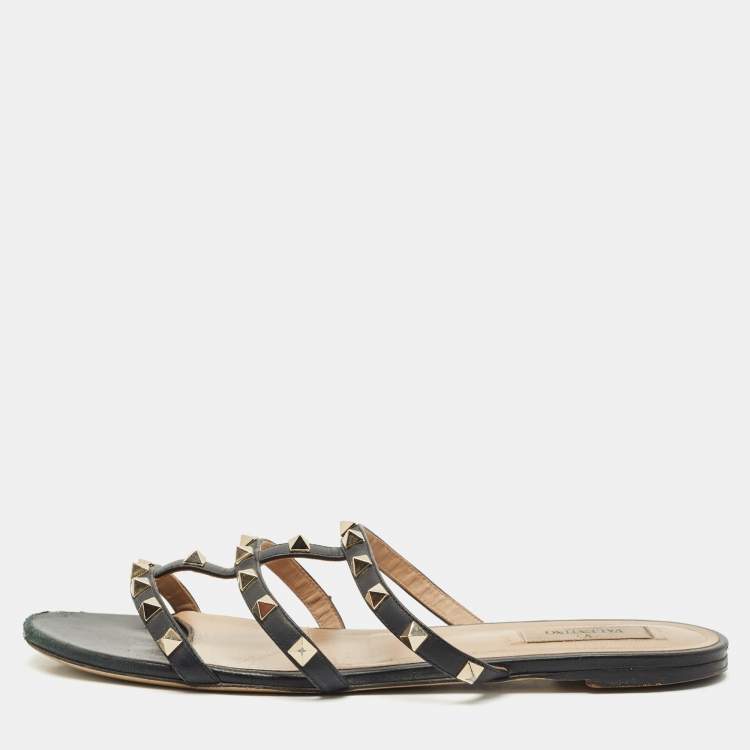 Pre Owned Valentino Black Leather Rockstud Flat Slide Size 40