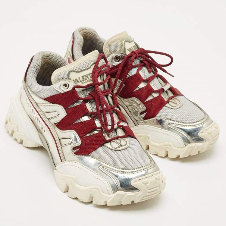 Pre Owned Valentino Silver/Grey Mesh and Leather Climbers Sneakers Size 36