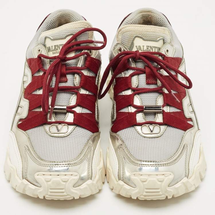 Pre Owned Valentino Silver/Grey Mesh and Leather Climbers Sneakers Size 36