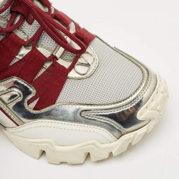 Pre Owned Valentino Silver/Grey Mesh and Leather Climbers Sneakers Size 36
