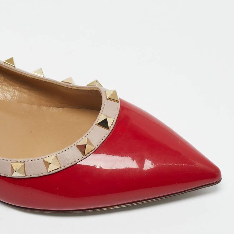 Pre Owned Valentino Red/Beige Patent and Leather Wedge Rockstud Pumps Size 39.5