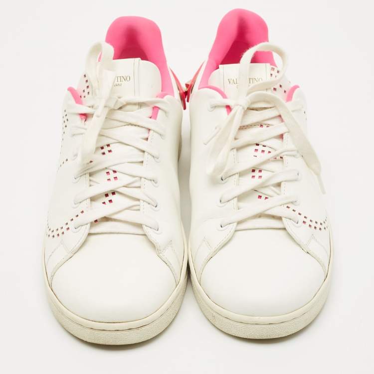 Pre Owned Valentino White/Pink Leather Rockstud Sneakers Size 40.5