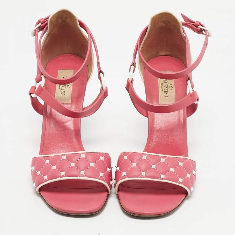 Pre Owned Valentino Pink/White Leather Rockstud Ankle Strap Sandals Size 39