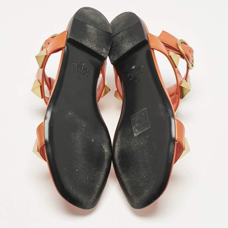 Pre Owned Valentino Orange Leather Roman Stud Ankle Strap Flat Sandals Size 36