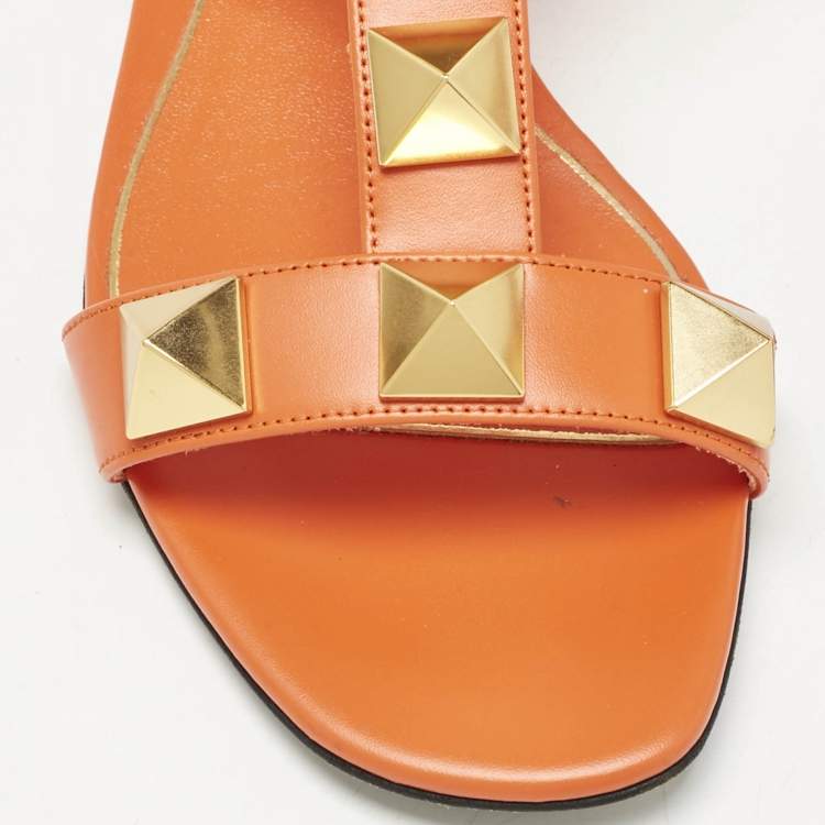 Pre Owned Valentino Orange Leather Roman Stud Ankle Strap Flat Sandals Size 36