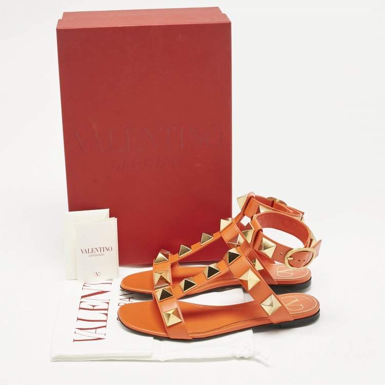 Pre Owned Valentino Orange Leather Roman Stud Ankle Strap Flat Sandals Size 36