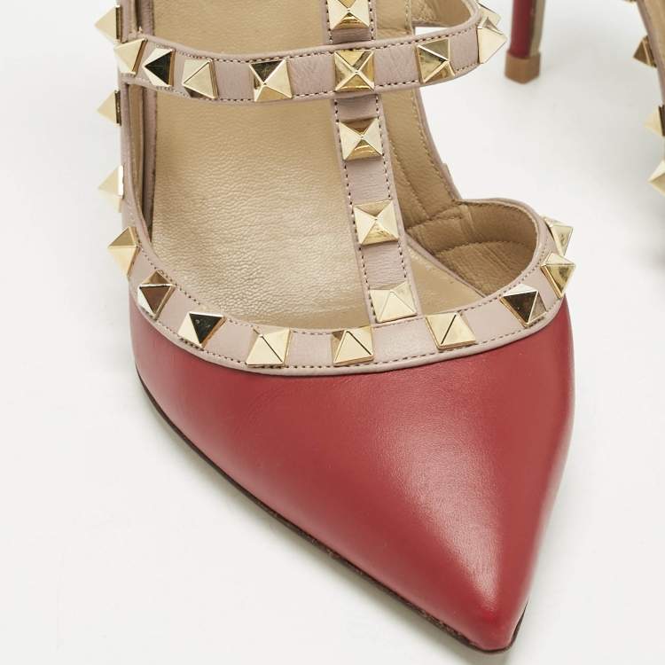 Pre Owned Valentino Red/Pink Leather Rockstud Caged Pumps Size 38