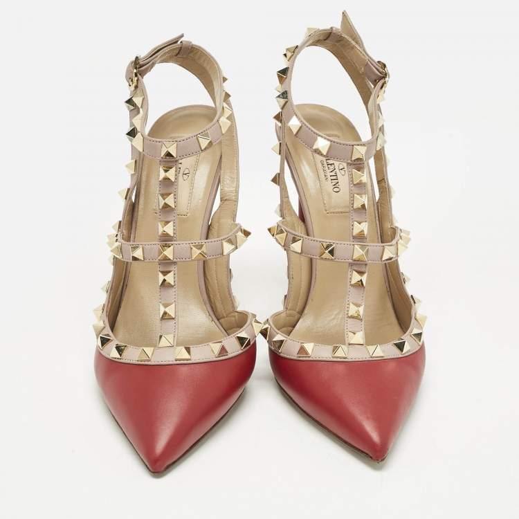 Pre Owned Valentino Red/Pink Leather Rockstud Caged Pumps Size 38