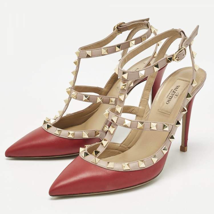 Pre Owned Valentino Red/Pink Leather Rockstud Caged Pumps Size 38