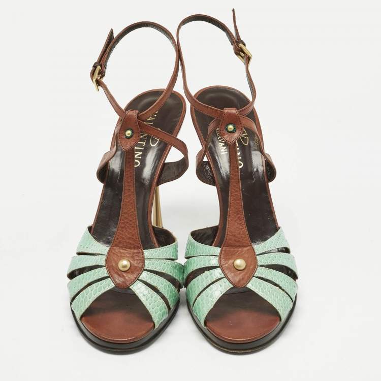 Pre Owned Valentino Brown/Mint Green Leather and Python T Strap Sandals Size 41