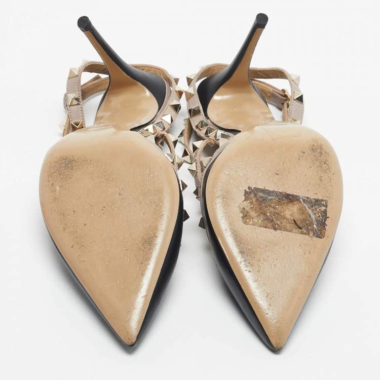 Pre Owned Valentino Black/Beige Leather Rockstud Caged Pumps Size 40