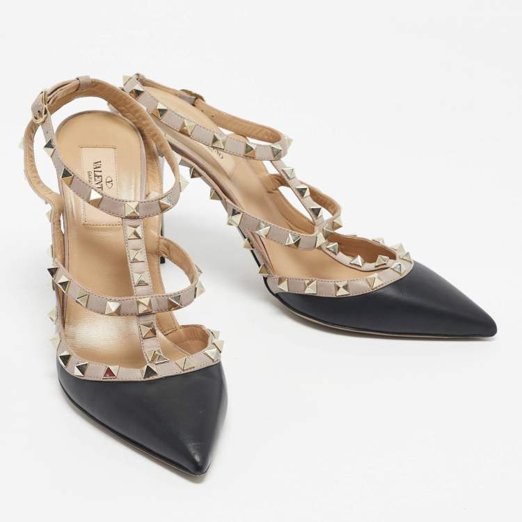 Pre Owned Valentino Black/Beige Leather Rockstud Caged Pumps Size 40