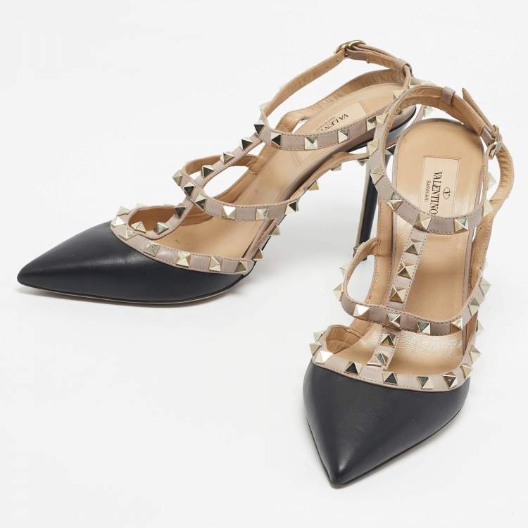 Pre Owned Valentino Black/Beige Leather Rockstud Caged Pumps Size 40