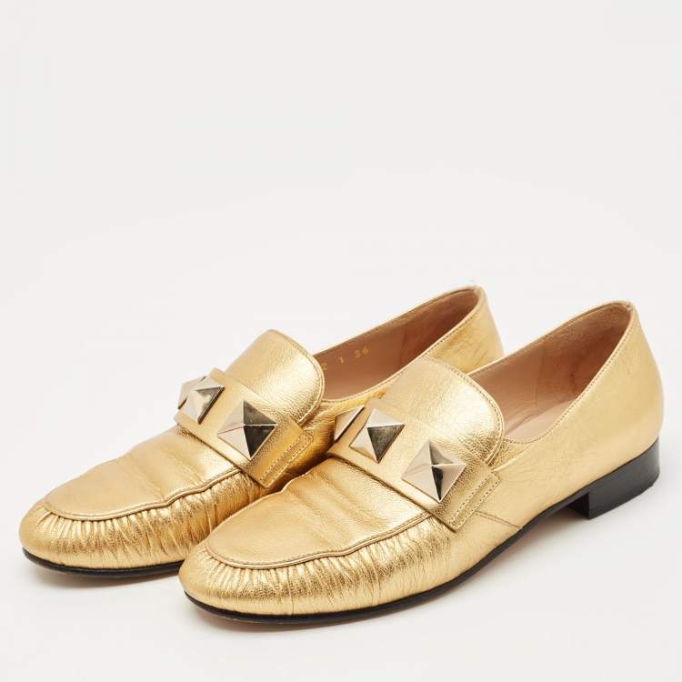 Pre Owned Valentino Metallic Gold Leather Rockstud Slip On Loafers Size 36