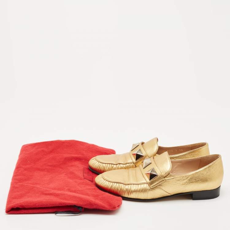Pre Owned Valentino Metallic Gold Leather Rockstud Slip On Loafers Size 36
