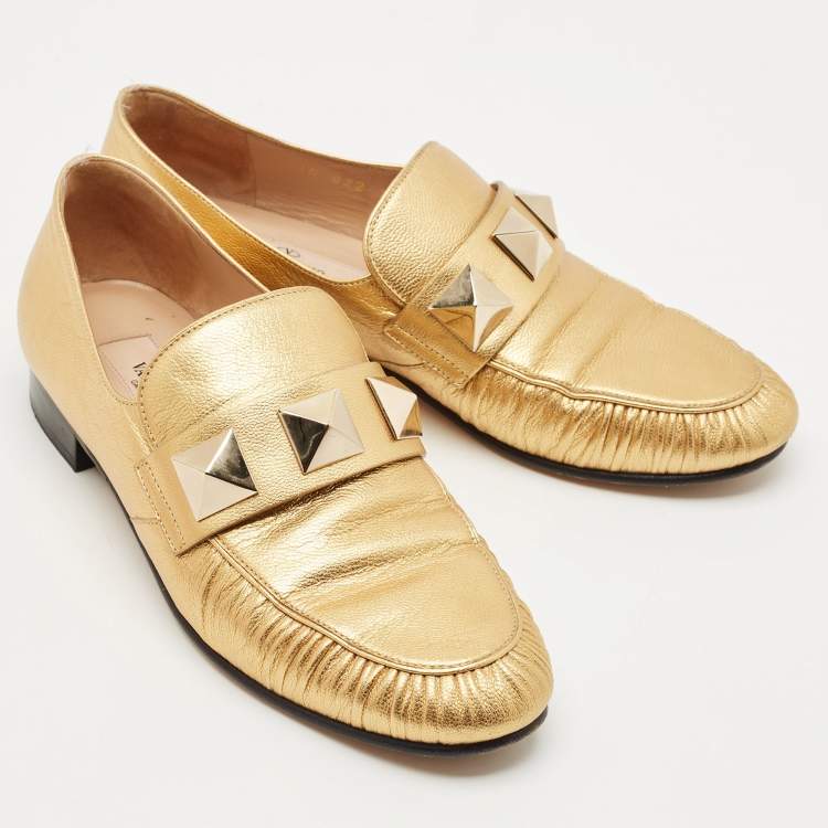 Pre Owned Valentino Metallic Gold Leather Rockstud Slip On Loafers Size 36