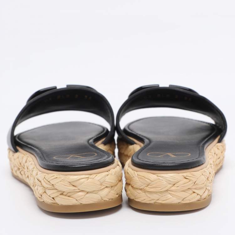 Pre Owned Valentino Black Leather VLogo Espadrille Flats Size 36