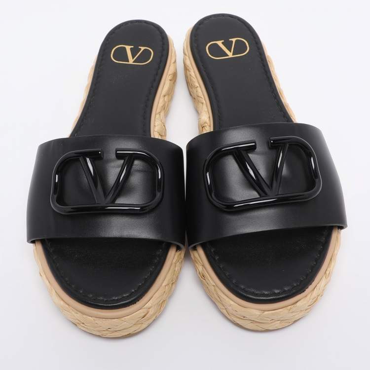 Pre Owned Valentino Black Leather VLogo Espadrille Flats Size 36